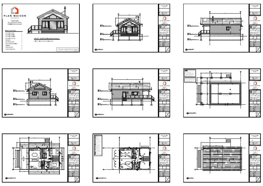 Plans techniques d'un chalet contemporain deux chambres avec terrasse couverte