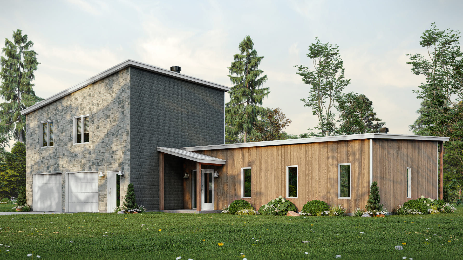 Plan de maison moderne à toit monopente avec garage double - Extérieur avant
