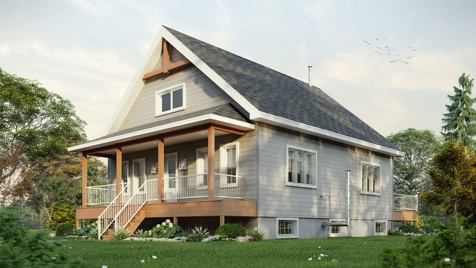 plan de maison champêtre avec mezzanine et grande terrasse vue arrière