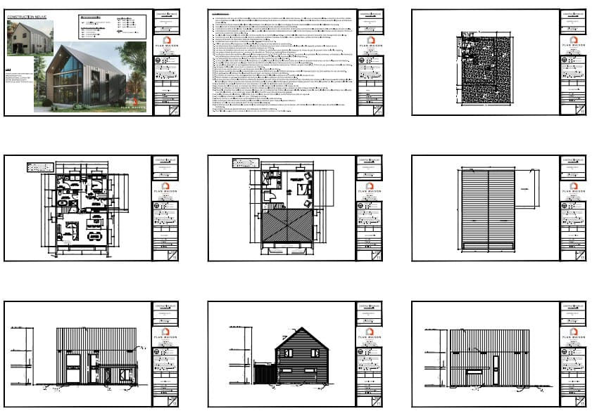 Plans techniques d'une maison style grange moderne avec mezzanine.