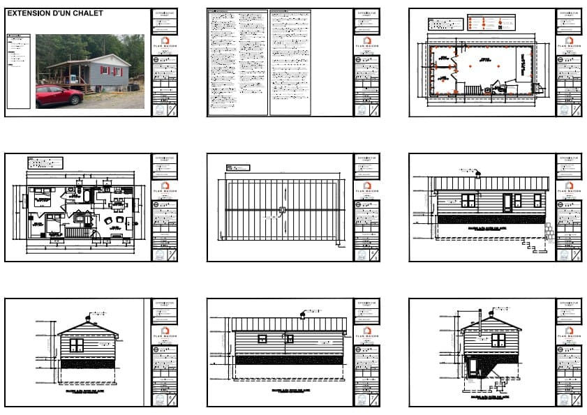 Élévations architecturales d'un agrandissement complet de chalet avec nouvelle fondation et transformation extérieure.