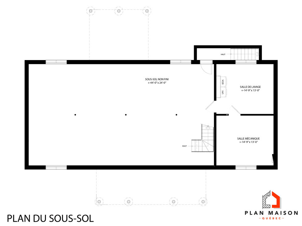 Plan du sous-sol d'une résidence champêtre à toiture métallique avec grand espace modulable.