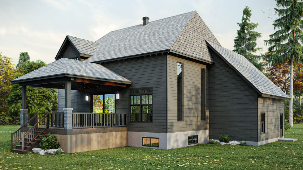 plan de maison champêtre moderne avec mezzanine et garage vue arrière galerie couverte