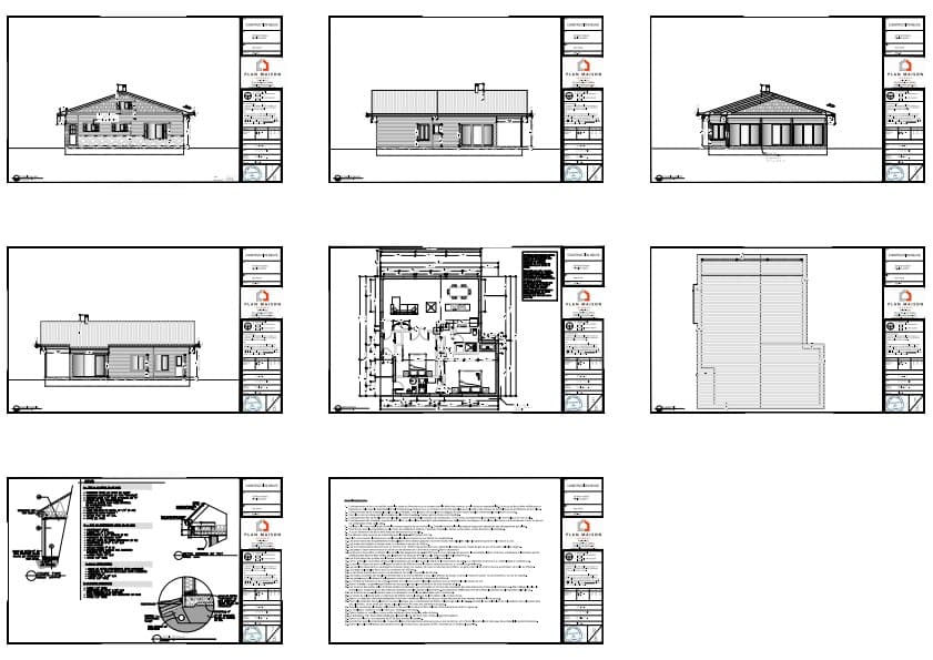 Plans techniques complets d'une maison contemporaine de plain-pied.
