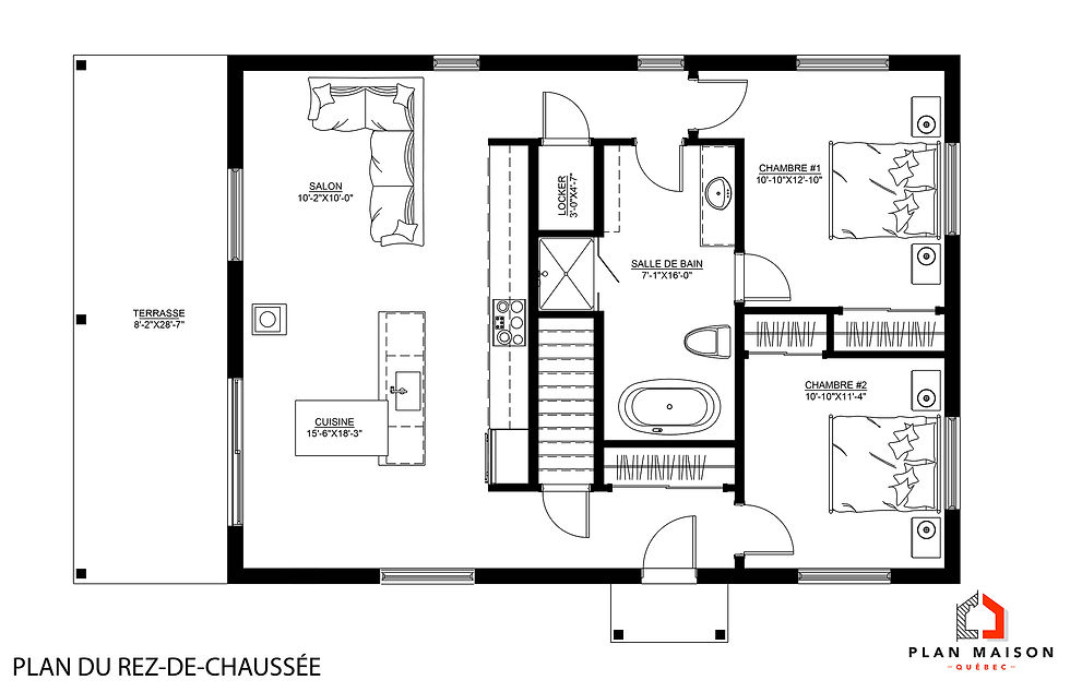 Miniature : Plan de maison avec 2 chambres sans garage - Plan du rez-de-chaussée