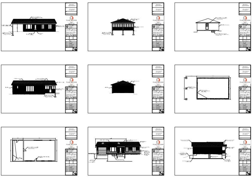 Plans de construction d'une transformation d'abri voiture en garage fermé comprenant les élévations, les plans et les détails techniques.