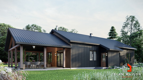 Plan de maison de plain-pied 4 chambres avec terrasse couverte | Plan