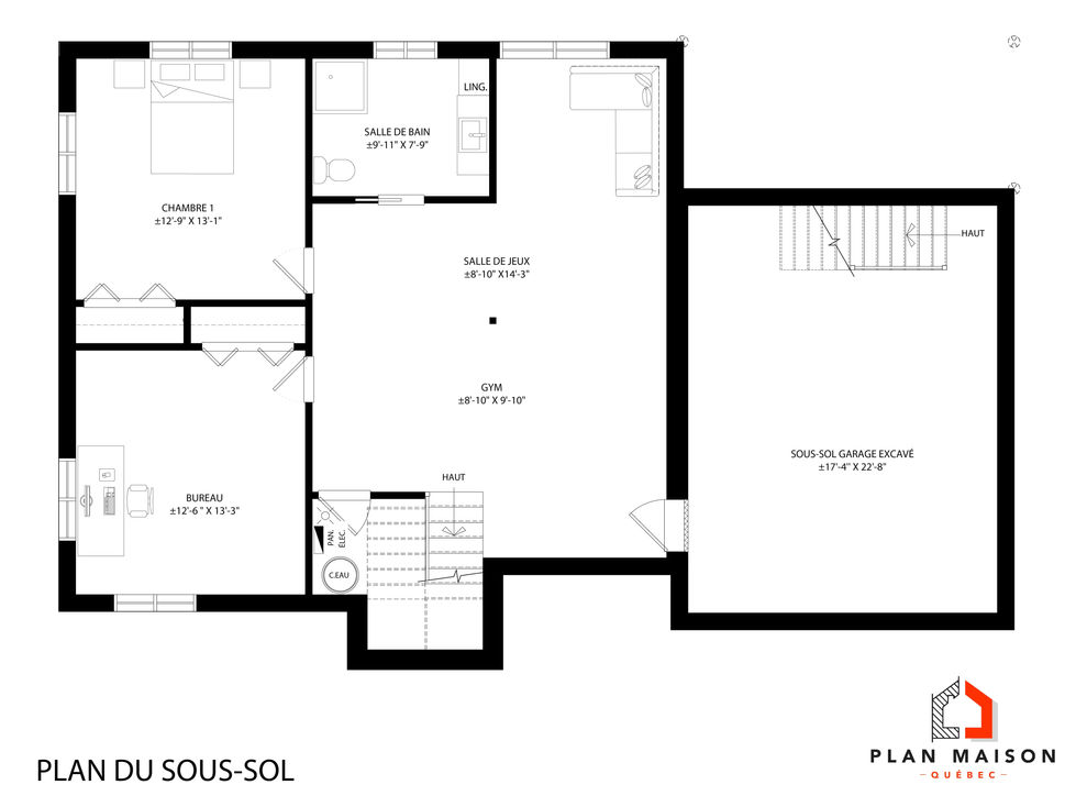 plan sous-sol maison farmhouse moderne avec garage excavé et pièces multifonctions