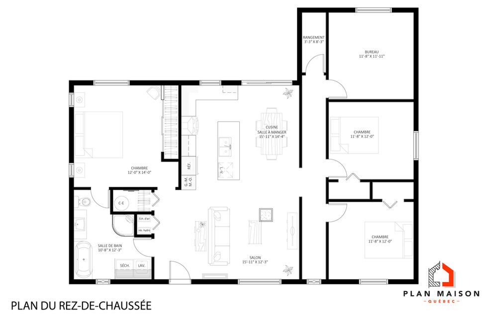 Plan de bungalow familial trois chambres avec bureau et aire ouverte