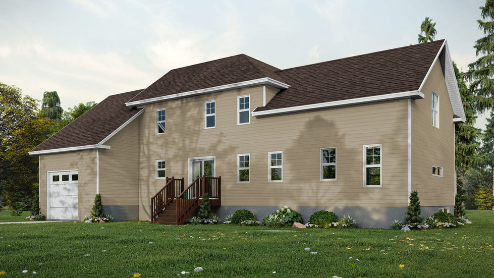 Vue arrière d'une maison agrandie avec extension résidentielle, mezzanine et nouvelles ouvertures.