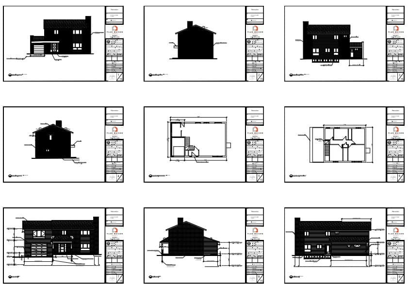 Plans de construction d'un agrandissement résidentiel avec garage simple, chambre à l'étage et extension arrière.