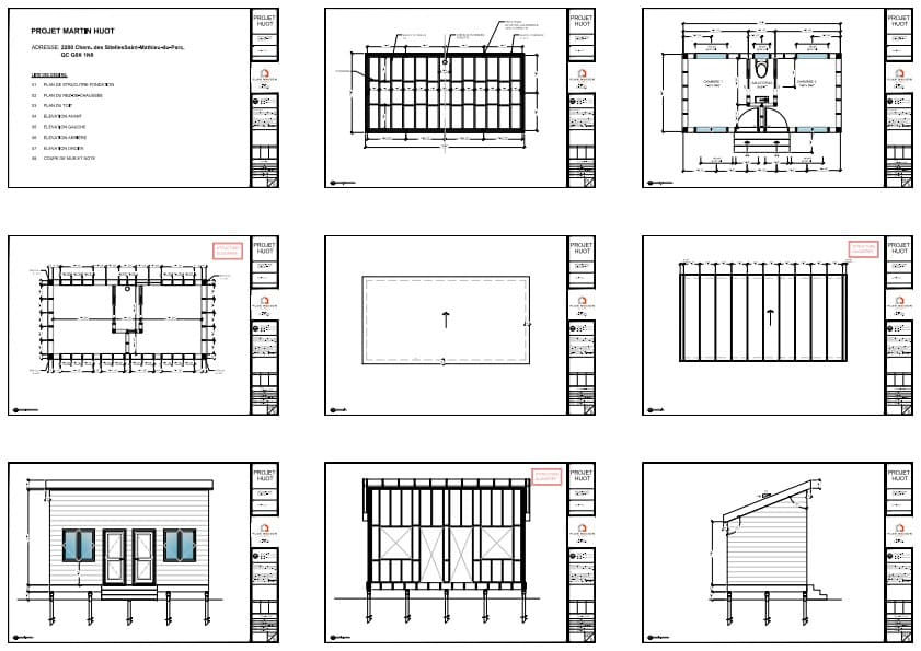 plan technique mini maison design en bois à toit incliné structure élévation