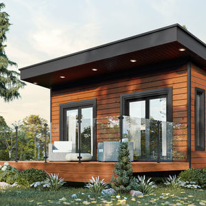 mini maison moderne avec bureau et terrasse vue avant bois et garde corps verre