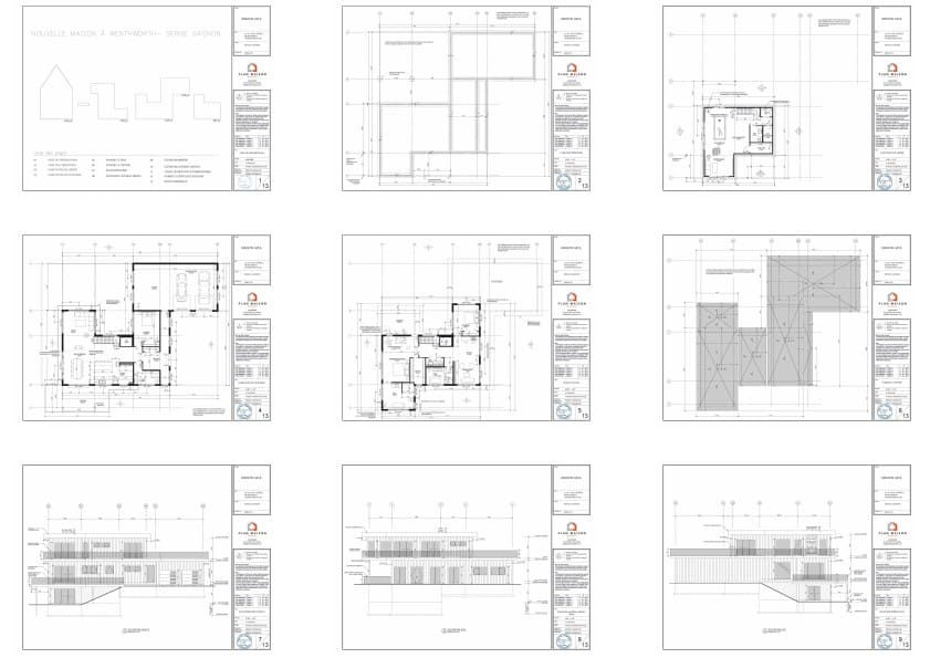 Plans techniques complets d'une maison contemporaine avec rez-de-jardin.