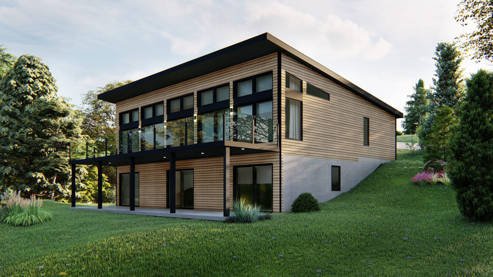 Chalet contemporain sur terrain en pente avec rez-de-jardin et balcon panoramique vitré.