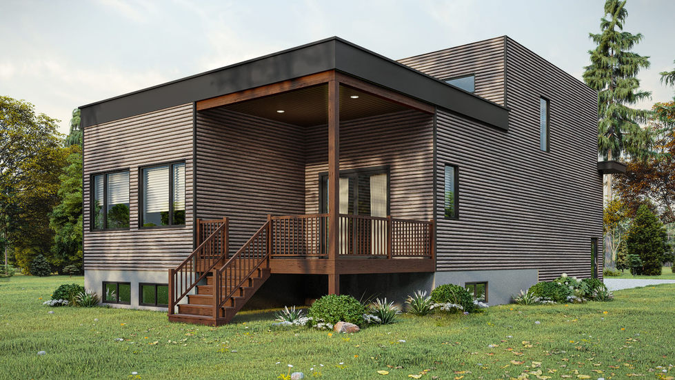 plan de maison cubique avec garage intégré terrasse arrière bois surélevée