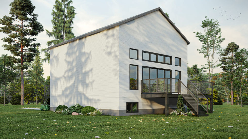 Maison contemporaine avec mezzanine et sous-sol vue arrière avec terrasse et grandes fenêtres