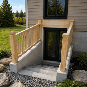 Escalier extérieur de sous-sol en béton avec garde-corps en bois réalisé selon un plan de mise aux normes.