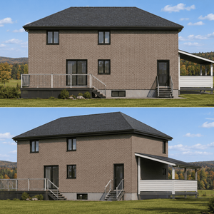 Vue avant d'une maison avec carport résidentiel sur mesure intégré à la façade.