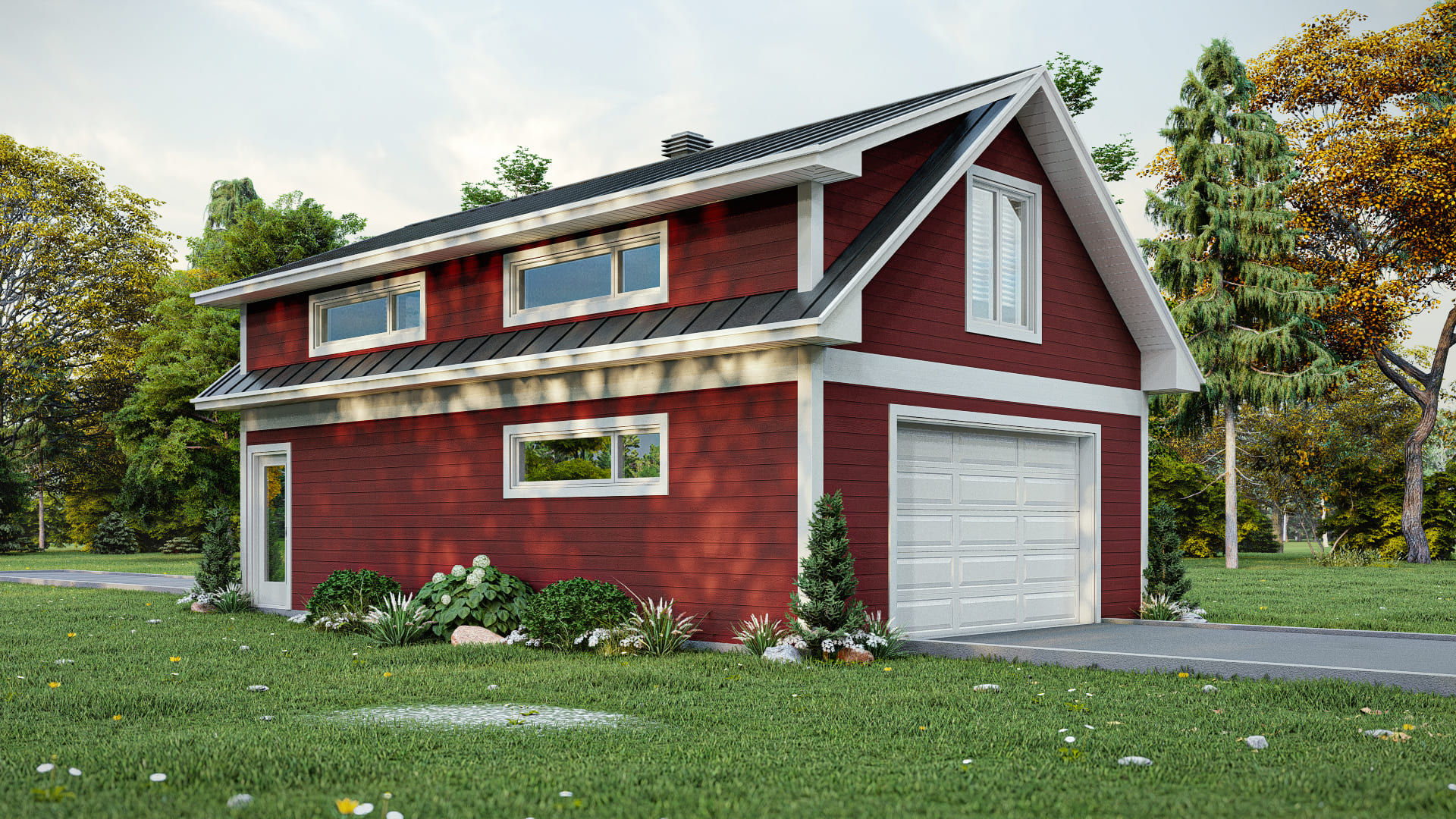 Plan de garage double rustique avec mezzanine - Extérieur avant