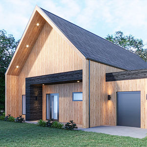 Chalet contemporain en bois avec garage intégré et toiture à deux versants