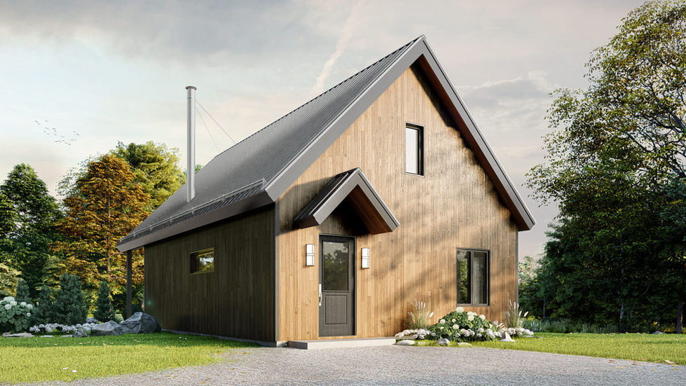 Façade avant d’un refuge scandinave en bois au design moderne