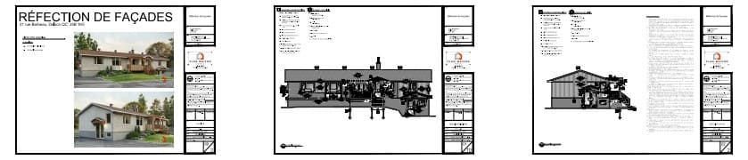 Plans de réfection de façade de bungalow avec porche couvert et nouveaux revêtements.