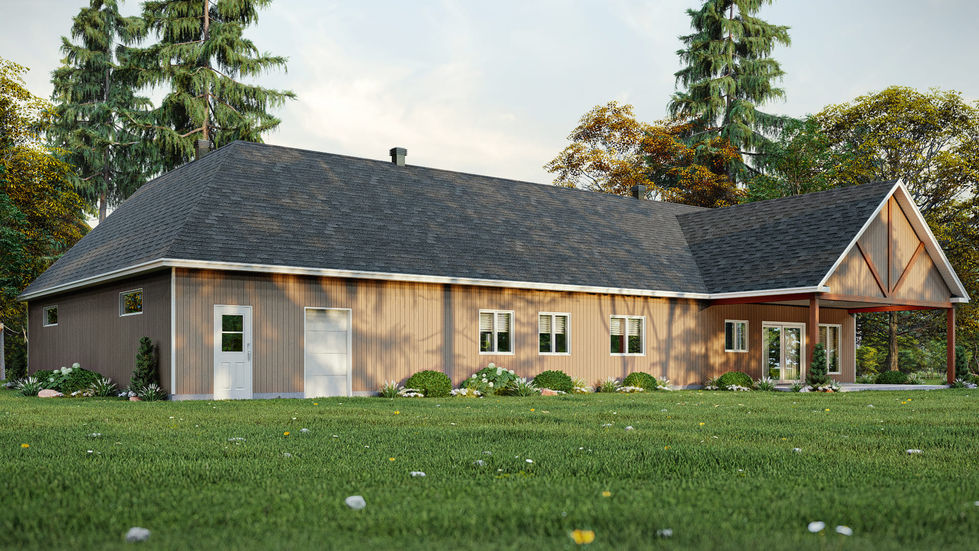 Vue arrière 3D d'une résidence champêtre avec atelier créatif et architecture contemporaine.