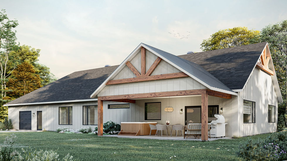 Vue arrière d’un bungalow farmhouse avec terrasse couverte et structure en bois apparent.