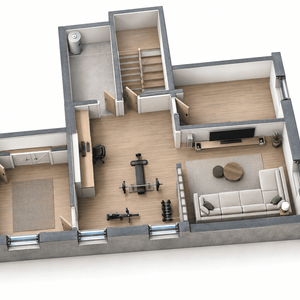 Plan de transformation de sous-sol en 3D avec salon, bureau et aire d’entraînement