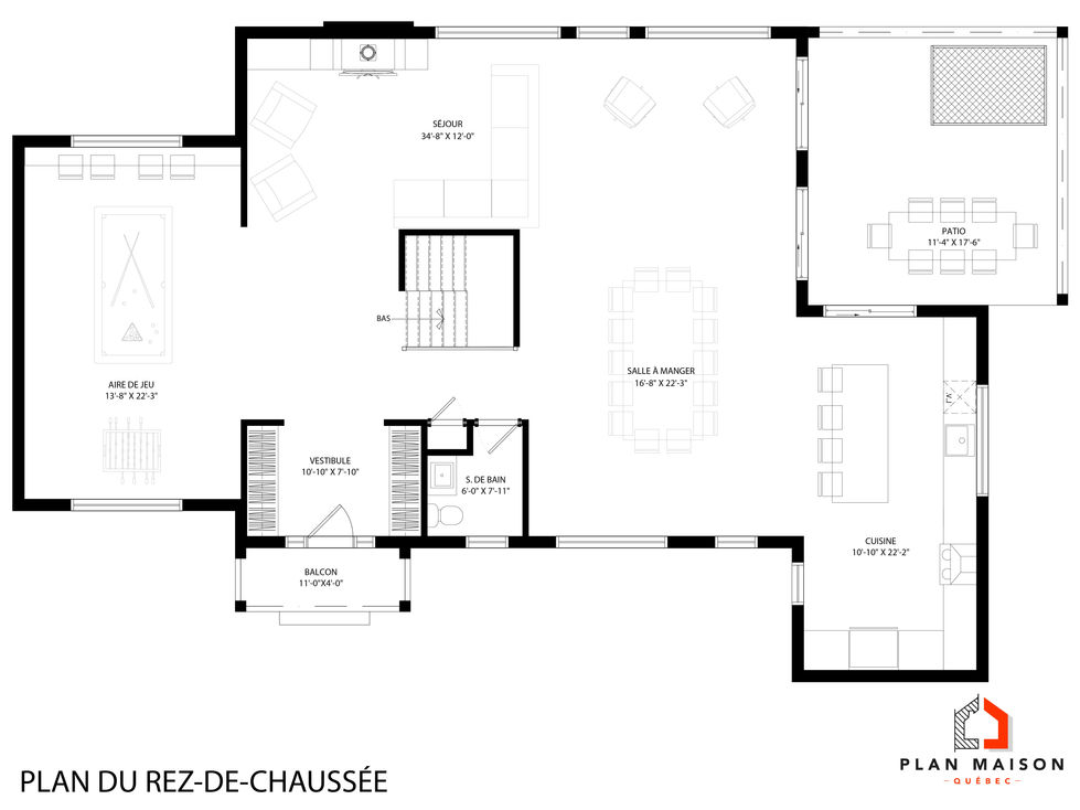 plan de chalet locatif scandinave moderne rez-de-chaussée avec aire ouverte cuisine salon