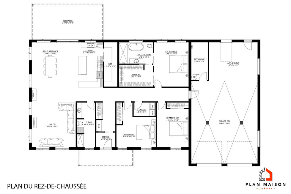 Plan architectural d'une résidence champêtre avec atelier créatif intégré et garage double.