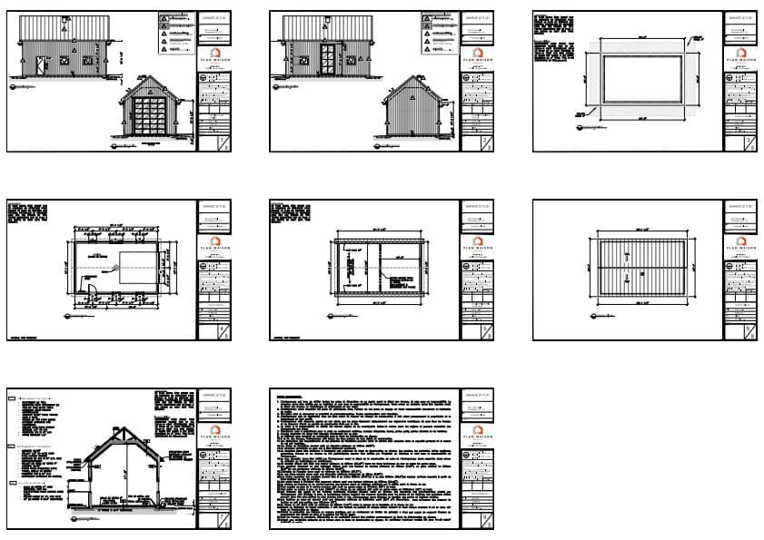 Dessins architecture garage contemporain en bois élévations et coupes