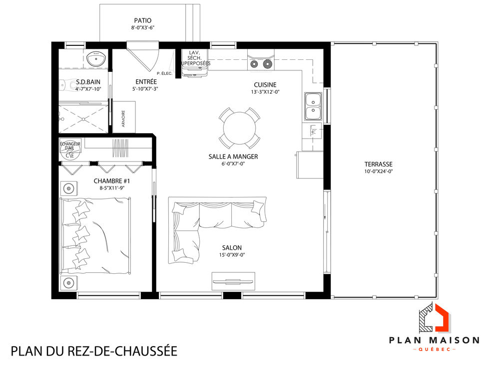 Plan du logement principal d’un duplex moderne avec terrasse