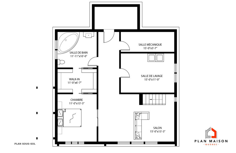 Plan du sous-sol d'un chalet contemporain avec chambre et salle familiale