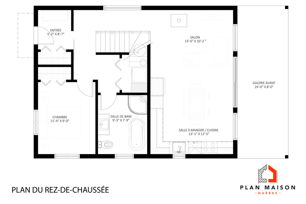 Plan du rez-de-chaussée d’un refuge scandinave en bois avec aire ouverte