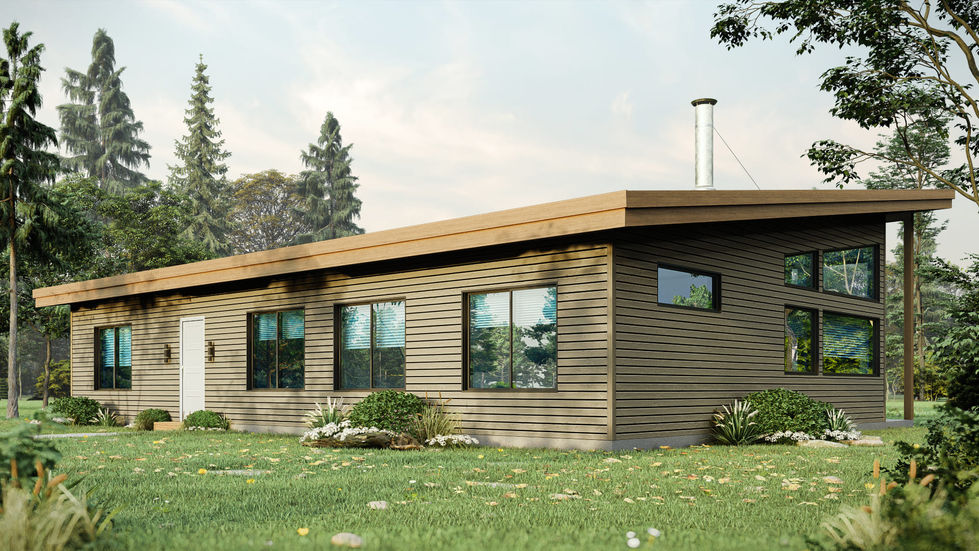Maison contemporaine avec toit monopente et fenestration moderne.