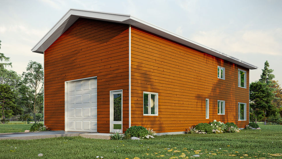 maison étage garage intégré revêtement bois vue arrière