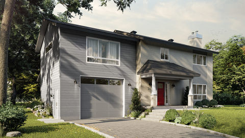 Maison transformée avec nouveau garage simple et grande chambre aménagée à l'étage.