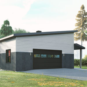 Plan de garage moderne avec toit monopente et abri latéral conçu sur mesure au Québec
