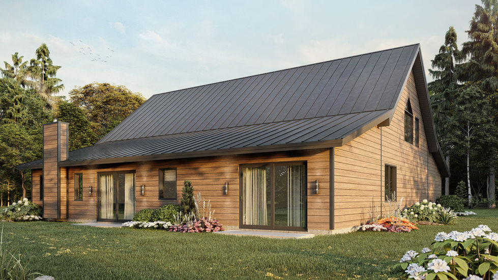 maison style grange moderne avec mezzanine et garage vue arrière