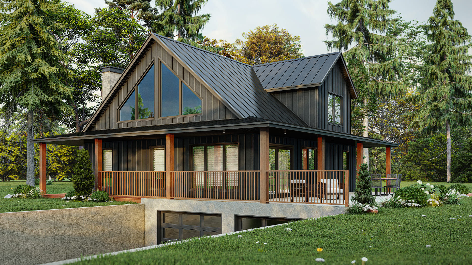 Plan de maison farmhouse avec mezzanine et garage double au sous-sol - Extérieur avant