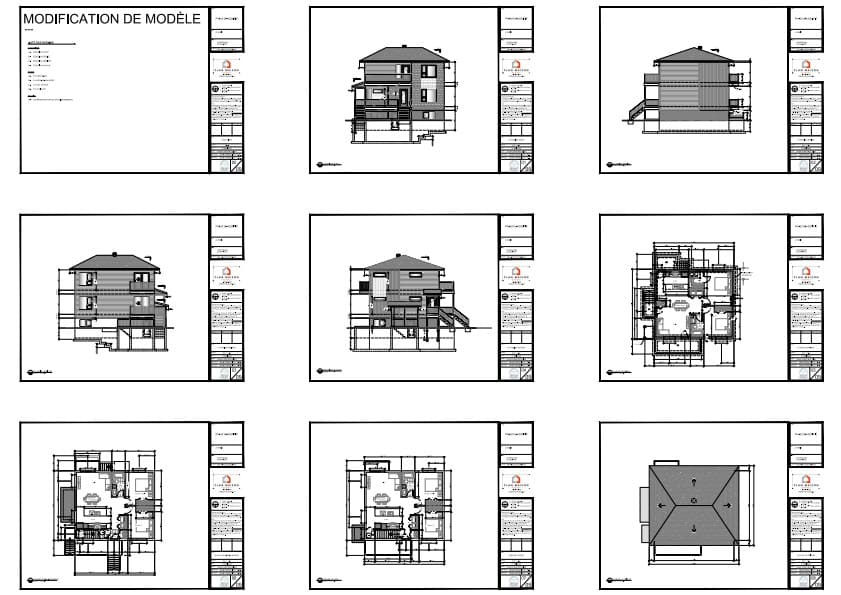 Ensemble des plans techniques d'un duplex moderne avec logement au sous-sol et architecture contemporaine.