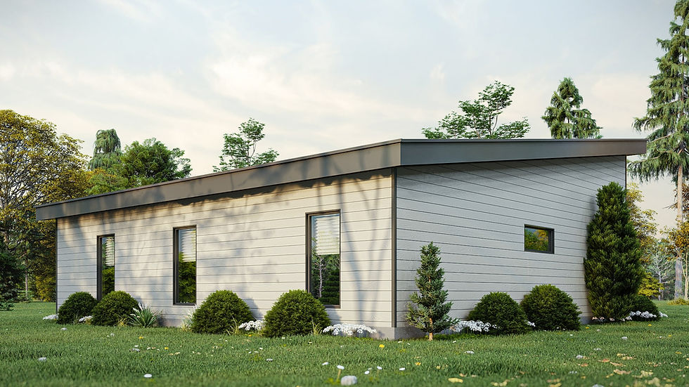 Plan de maison en L de plain-pied avec 3 chambres - Extérieur arrière