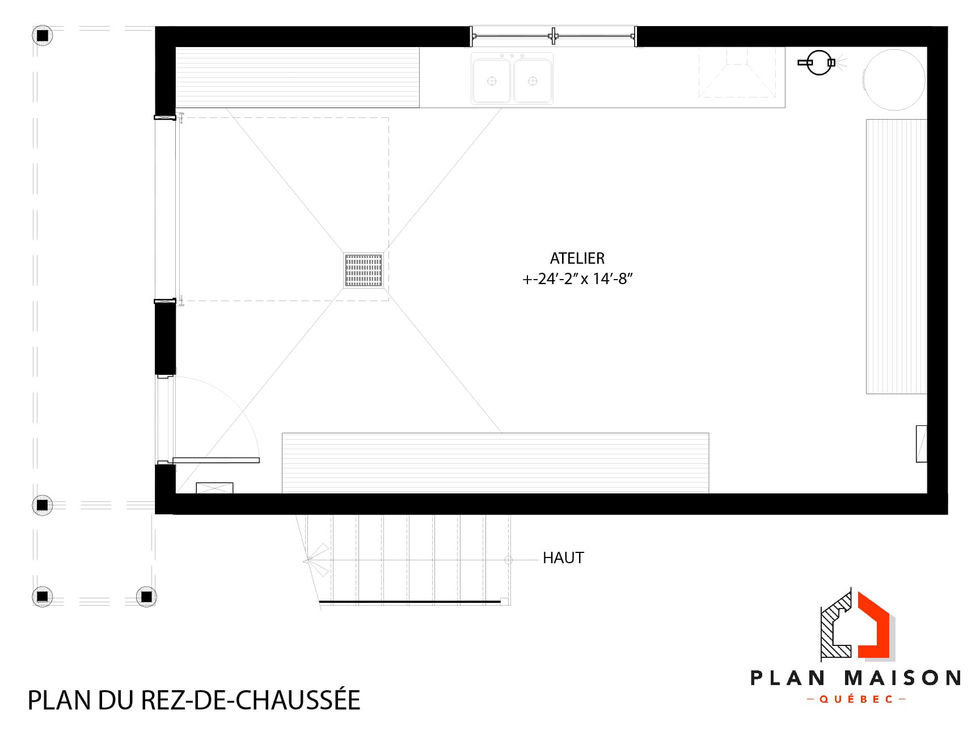Plan du rez-de-chaussée d’un garage avec logement à l’étage et atelier