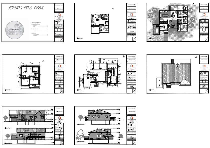 Plans techniques complets d'une maison 3 chambres avec garage intégré et sous-sol aménagé.