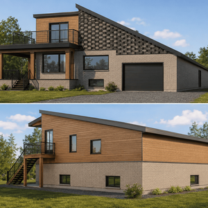 Perspective avant d'une résidence ayant subi une transformation de toiture résidentielle contemporaine avec terrasse sur le toit.