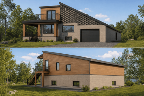Perspective avant d'une résidence ayant subi une transformation de toiture résidentielle contemporaine avec terrasse sur le toit.