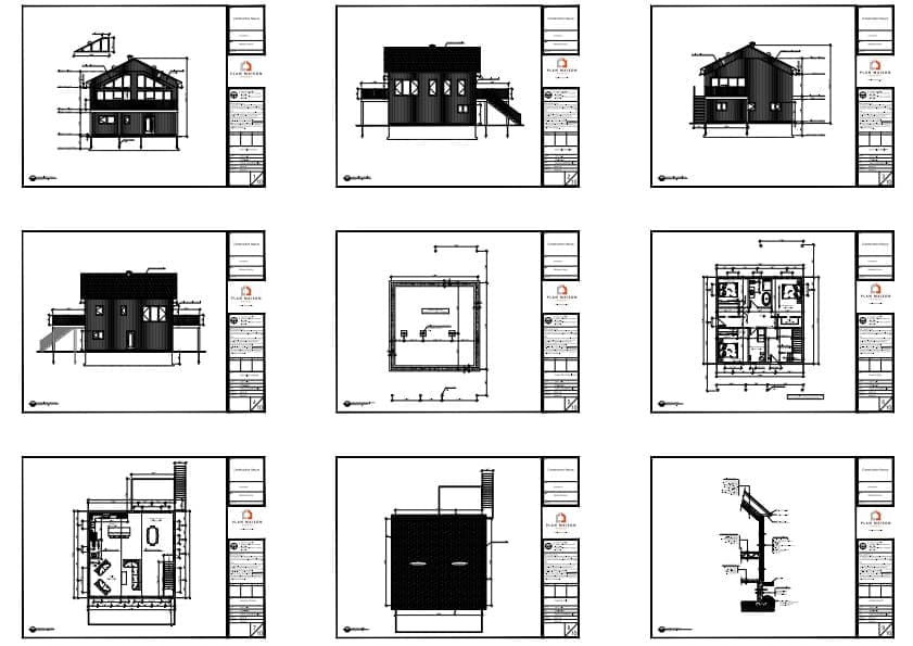 Plans techniques complets d'une maison scandinave à étage avec terrasse surélevée.