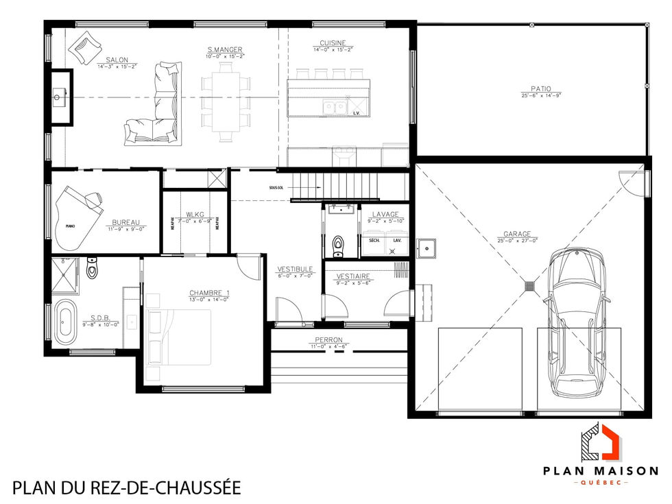 Plan de bungalow contemporain avec garage double et aire ouverte